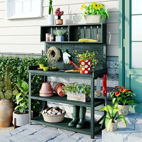 Green Wooden Potting Bench Table with Storage Shelves H14465