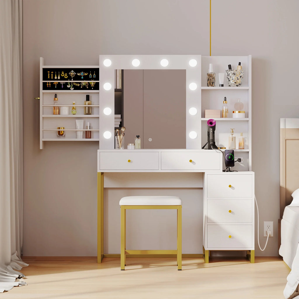 White Vanity Table Set with Lighted Mirror & Stool O47676
