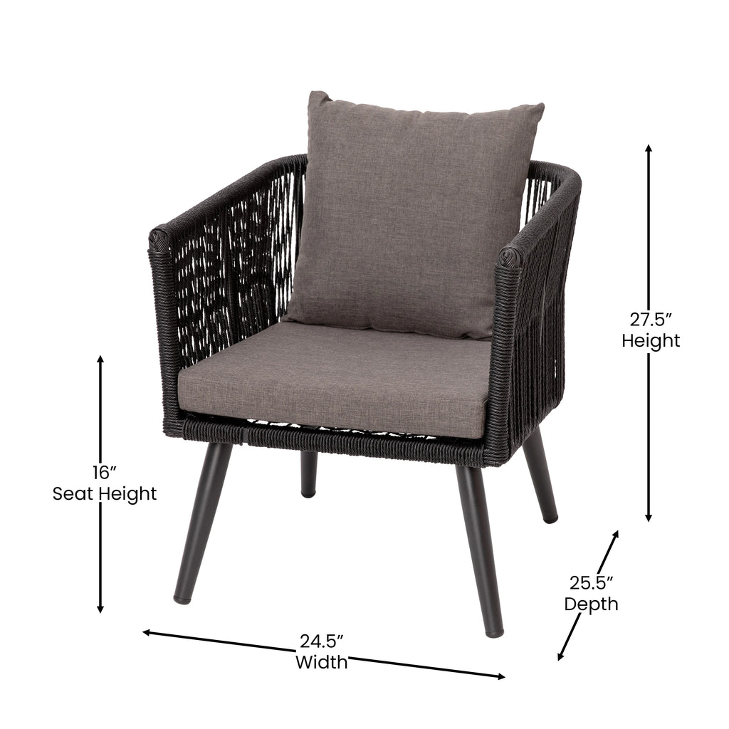 4 Piece Black Woven Aluminum Frame Loveseat, 2 Chair and Coffee Table Set With Gray Cushions H380483