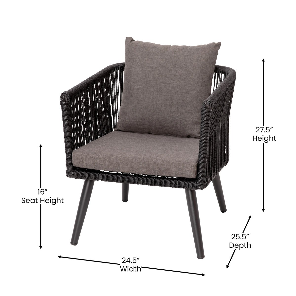 4 Piece Black Woven Aluminum Frame Loveseat, 2 Chair and Coffee Table Set With Gray Cushions H380483