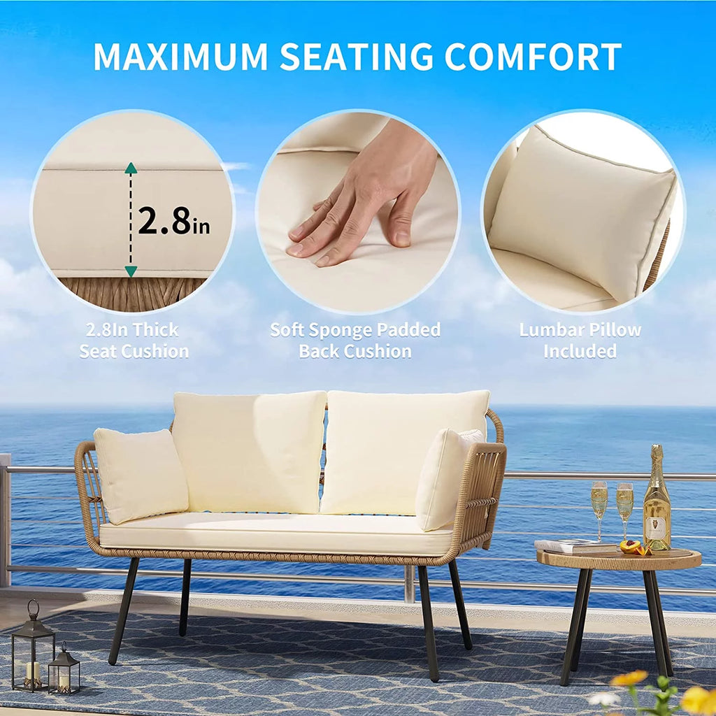 Wicker Loveseat Sofa with Beige Cushions B1358