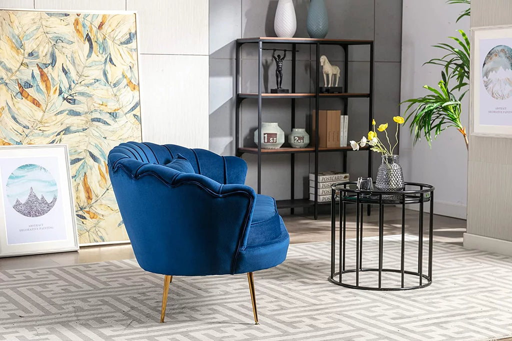 Blue Velvet Channel Tufted Loveseat with Gold Legs R27948