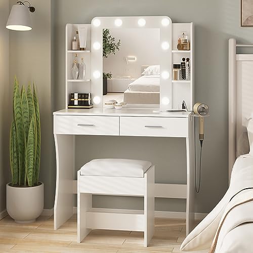 White Vanity Desk with Mirror and 2 Drawers O50864