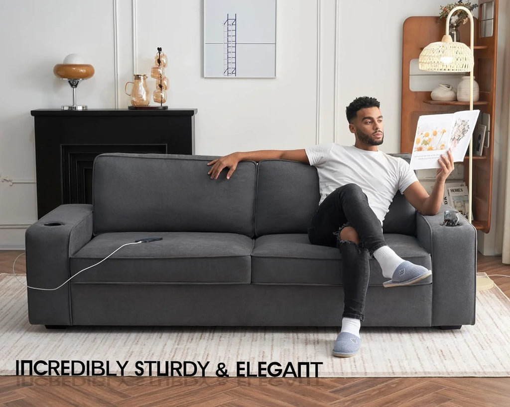 Grey Chenille Sofa with USB Charging Ports & Cup Holders X1791