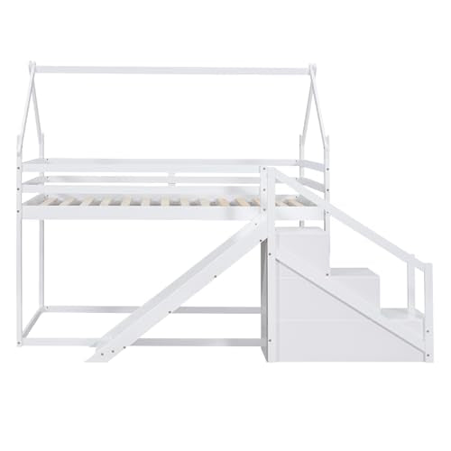 Twin Over Twin Wood House Bunk Bed with Slide and Storage Staircase O602