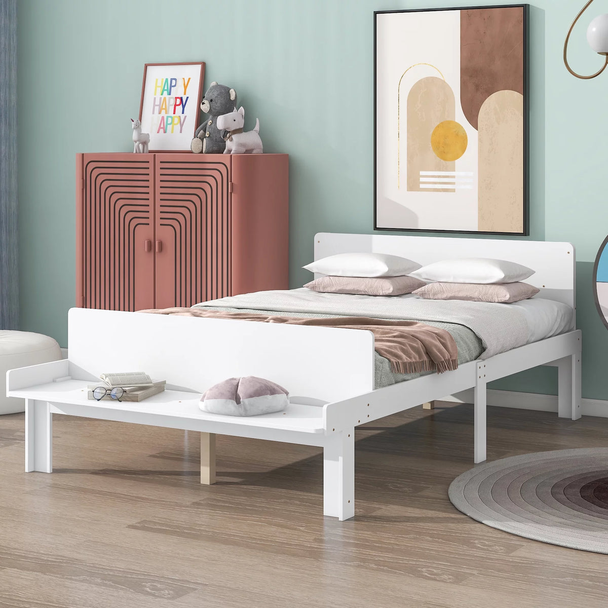 White Wood Platform Bed Frame with Headboard and Footboard Bench X15239