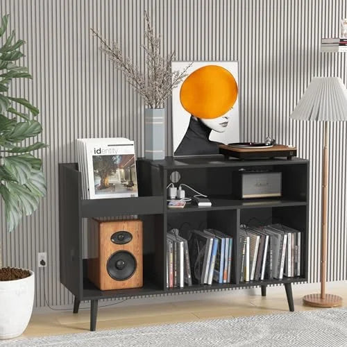 Mid-Century Record Player Stand with Vinyl Record Cabinet U279