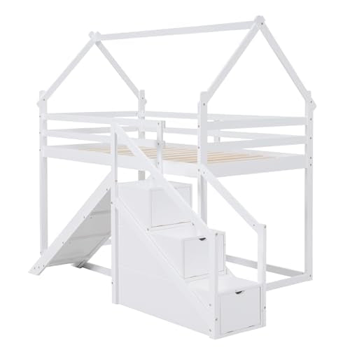 Twin Over Twin Wood House Bunk Bed with Slide and Storage Staircase O602