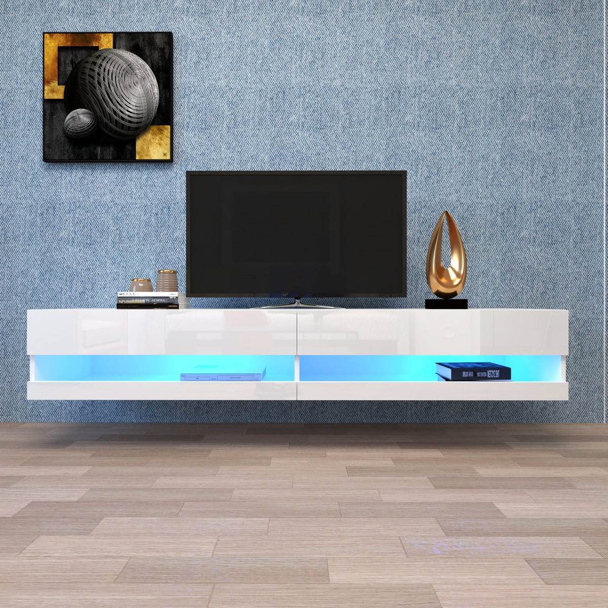 80" Wall Mounted Floating TV Stand with 20 Color LEDs White E41112