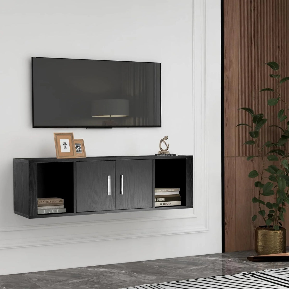 Black Wall Mounted Storage Cabinet with 2 Doors and 2 Open Shelves W491952