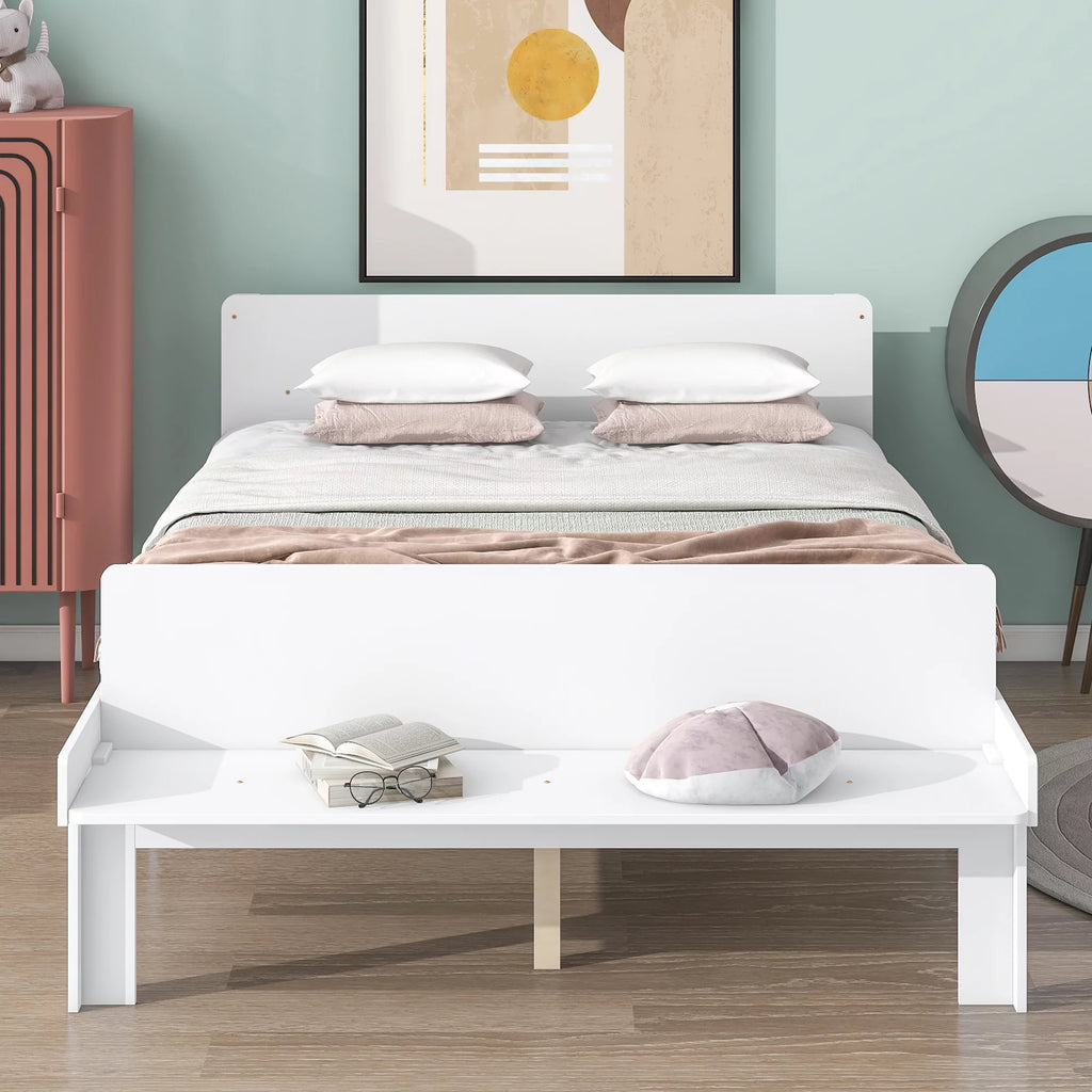 White Wood Platform Bed Frame with Headboard and Footboard Bench X15239