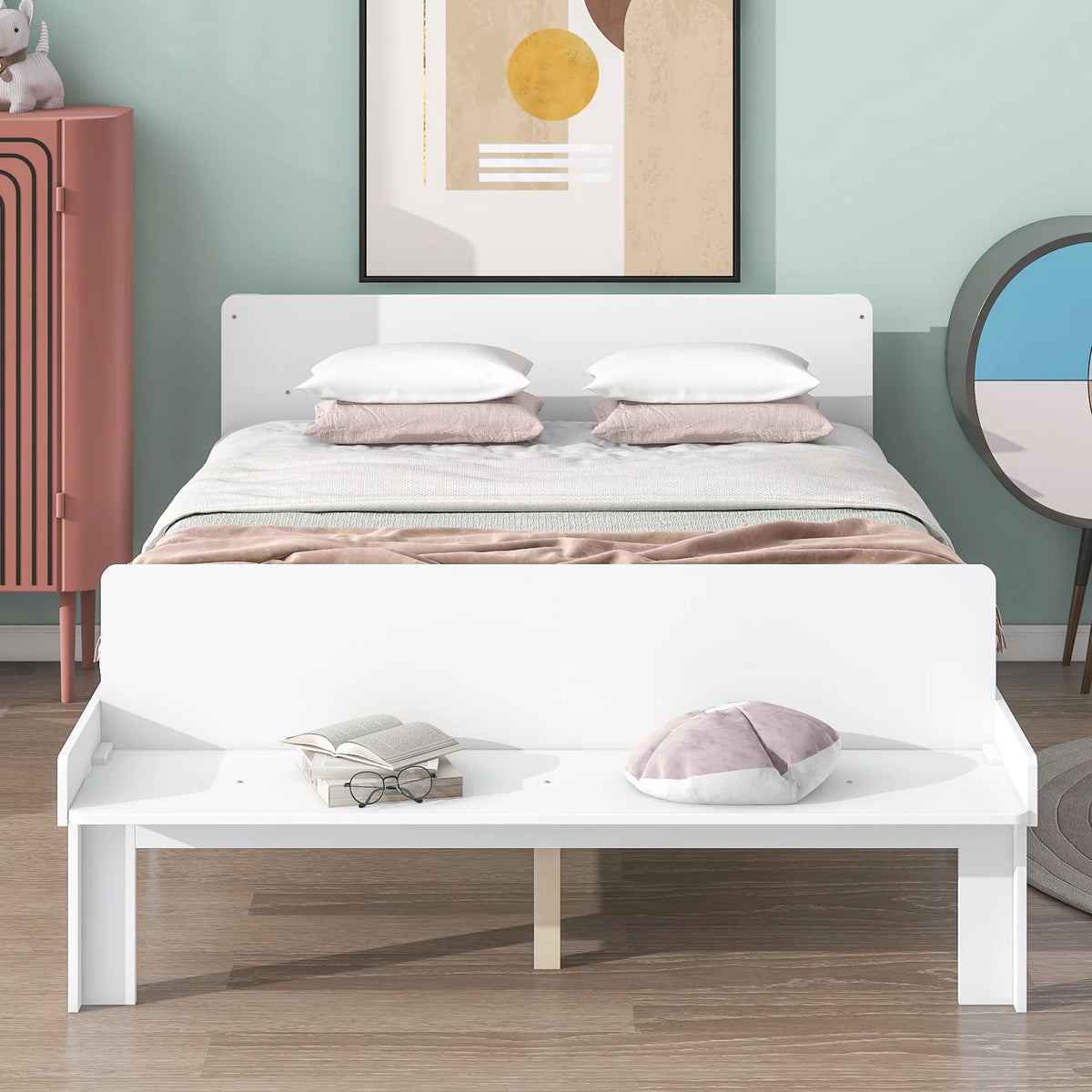 White Wood Platform Bed Frame with Headboard and Footboard Bench X15239