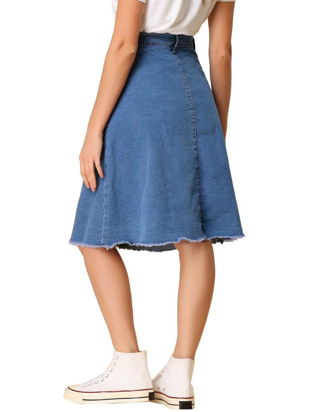 Denim Raw Hem Button Down A-Line Midi Skirt U7002
