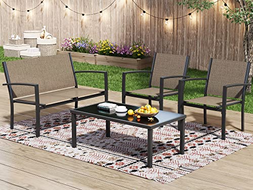 4 Pieces Patio Furniture Set Textilene Fabric with Glass Coffee Table Black J973416