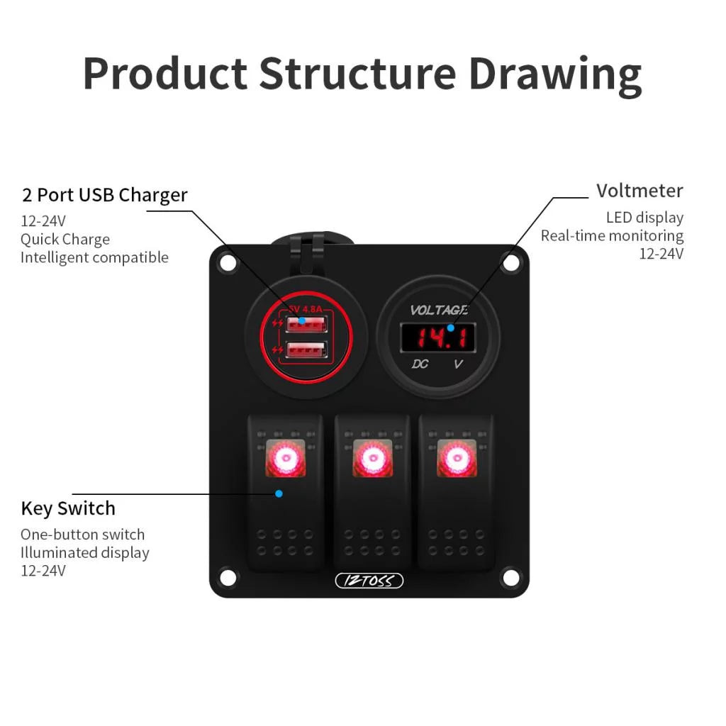 3 Gang Switch Panel with Digital Voltmeter X8871