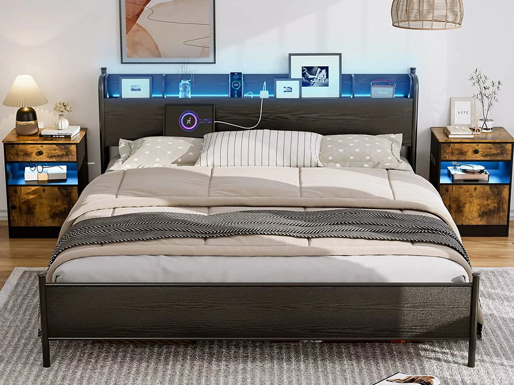 California King Metal and Wood Platform Bed Frame with Storage Shelf Headboard R8185