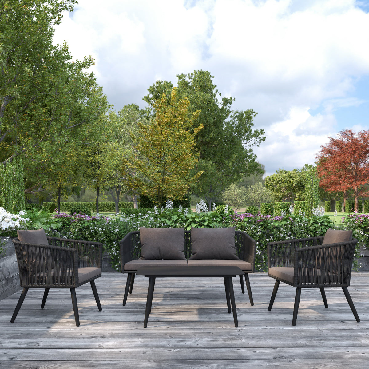 4 Piece Black Woven Aluminum Frame Loveseat, 2 Chair and Coffee Table Set With Gray Cushions H380483