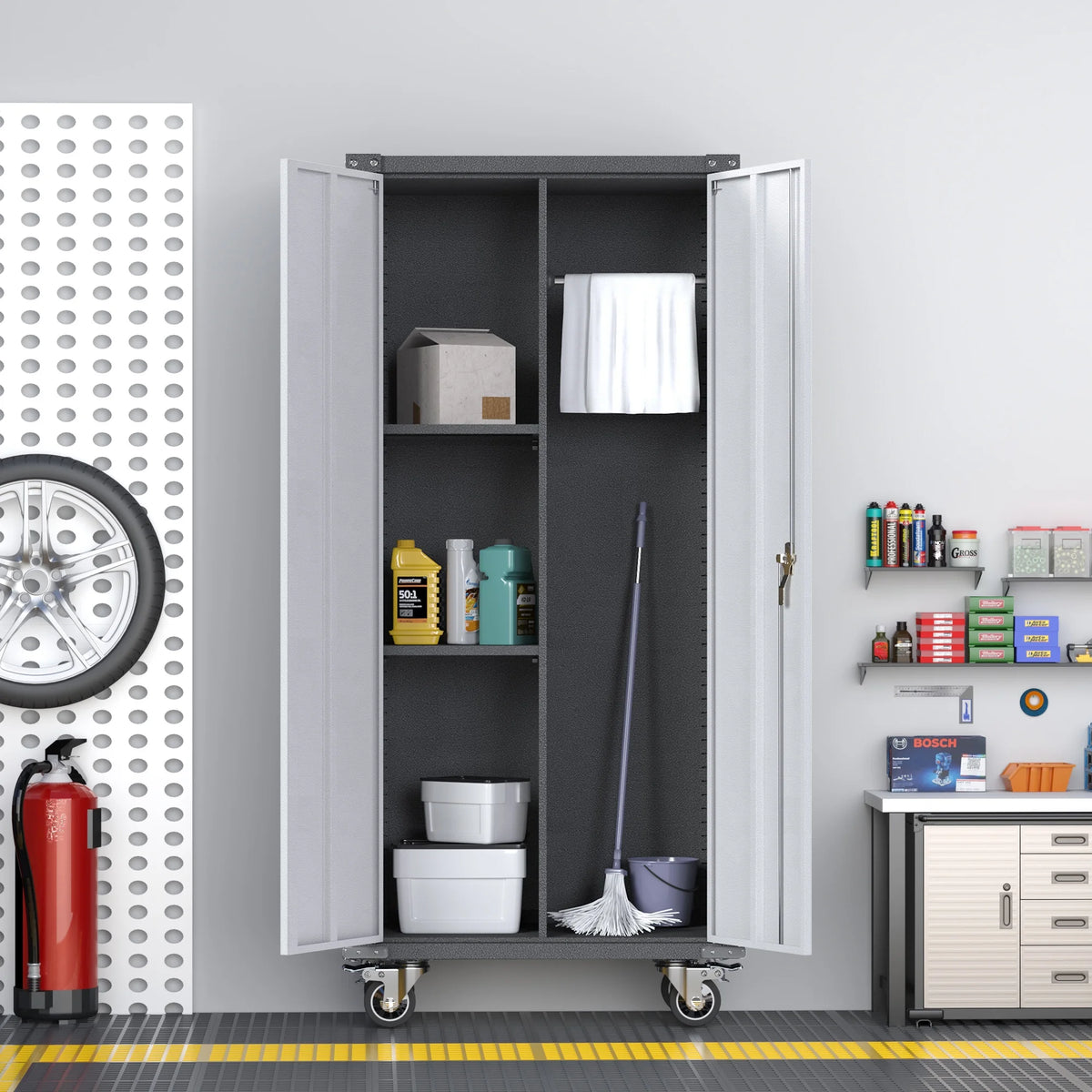 Metal Rolling Storage Cabinet with Hanging Rod S223