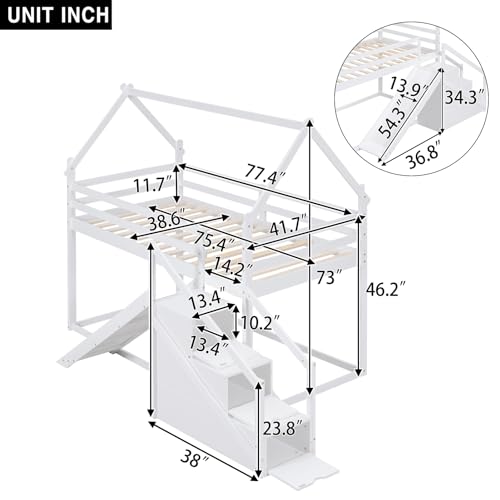 Twin Over Twin Wood House Bunk Bed with Slide and Storage Staircase O602