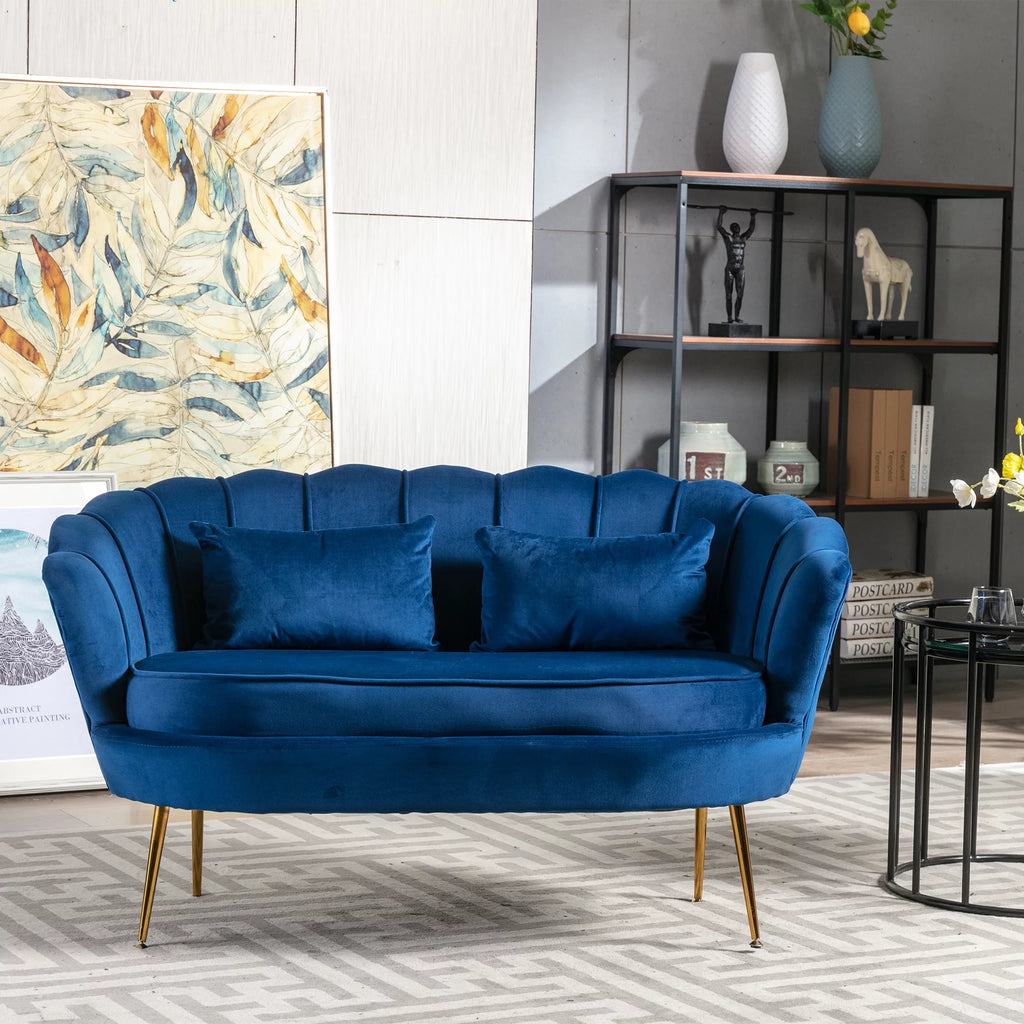 Blue Velvet Channel Tufted Loveseat with Gold Legs R27948