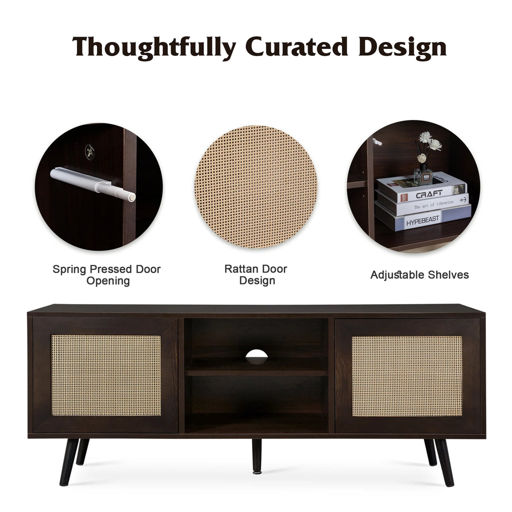 60-inch Rattan TV Stand with Adjustable Shelves and 2 Cabinets Z8082
