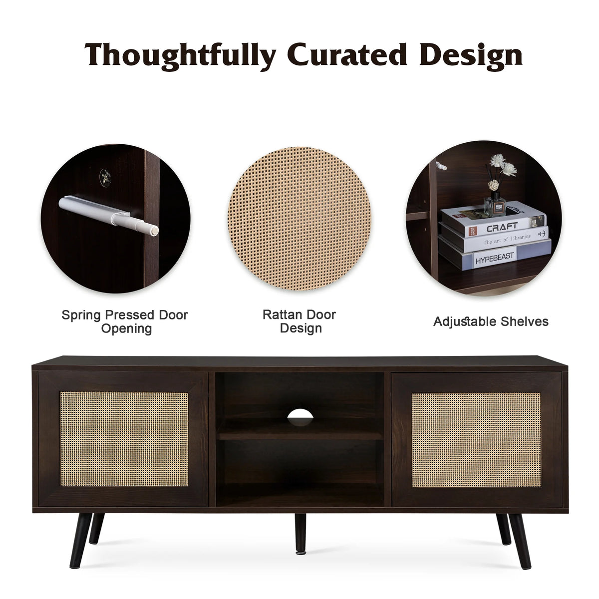 60-inch Rattan TV Stand with Adjustable Shelves and 2 Cabinets Z8082
