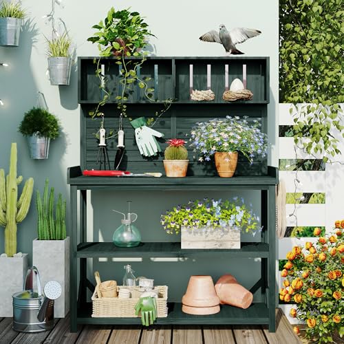 Green Wooden Potting Bench Table with Storage Shelves H14465