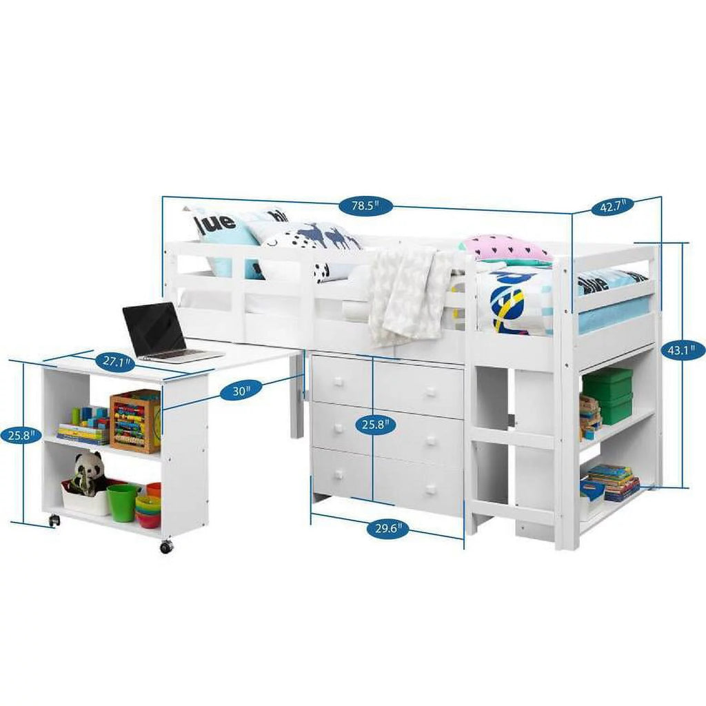 White Twin Size Low Loft Bed with Desk and Storage M91966