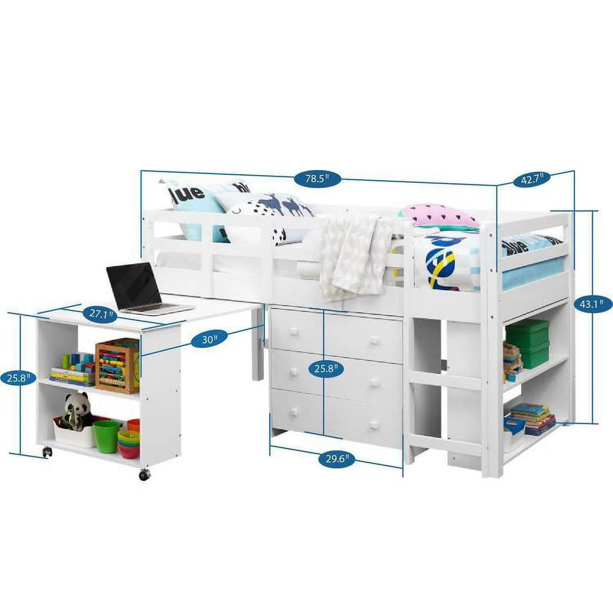 White Twin Size Low Loft Bed with Desk and Storage M91966