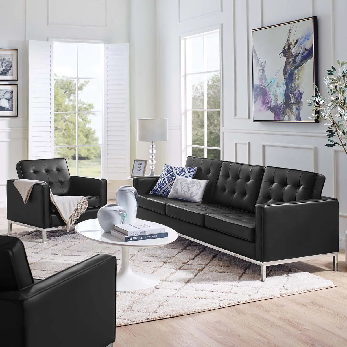 Silver Black Faux Leather Sofa and Armchair Set P5856