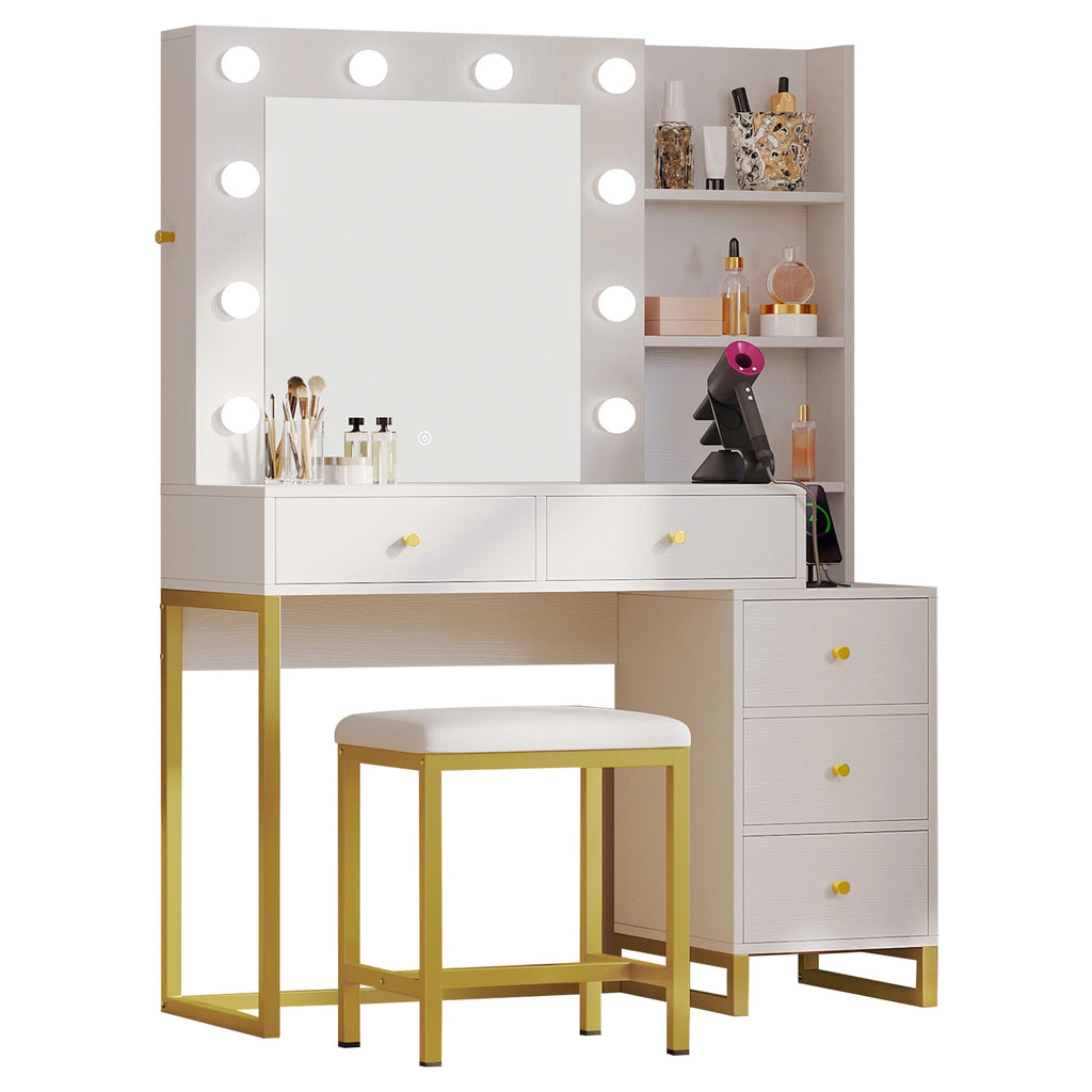 White Vanity Table Set with Lighted Mirror & Stool O47676