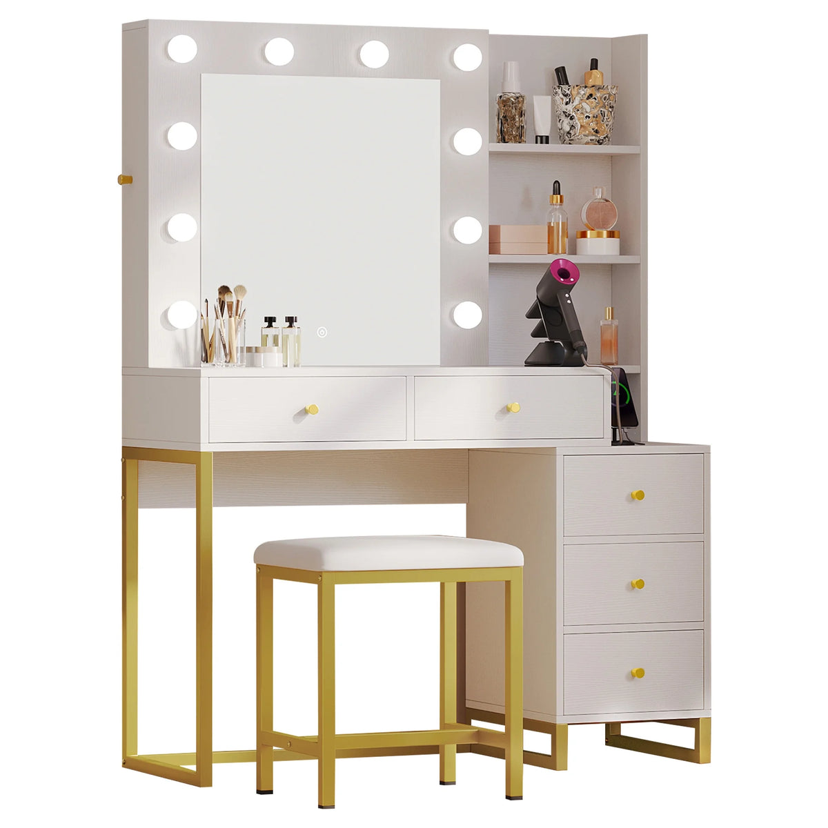 White Vanity Table Set with Lighted Mirror & Stool O47676