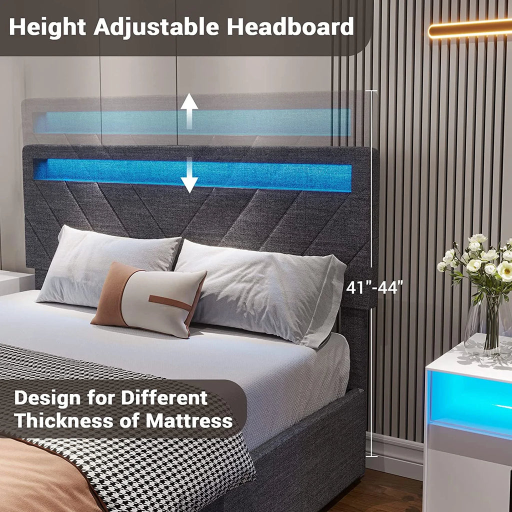 Queen Upholstered Platform Bed Frame with 4 Storage Drawers and LED Headboard X642