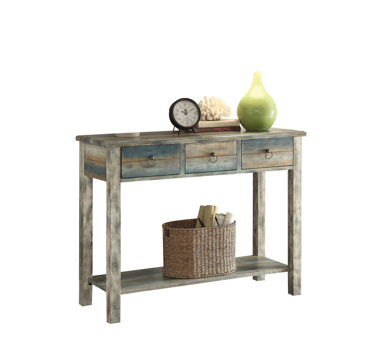Antique Gray and Teal Rectangular Console Table T3857