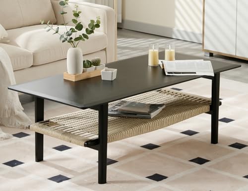 Farmhouse 2-Tier Coffee Table with Rattan Storage Shelf E637946