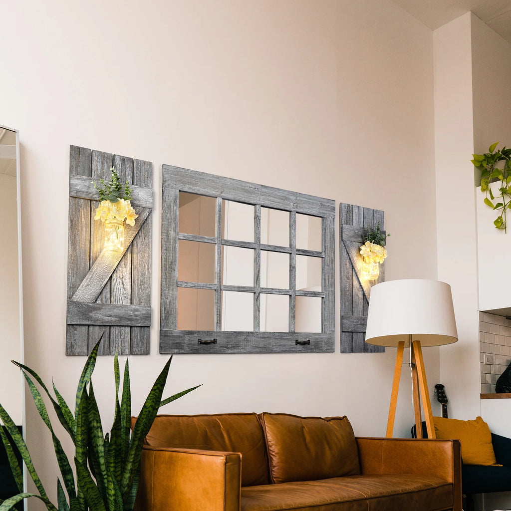 Large Distressed Wood Windowpane Mirror with Shutters E340028