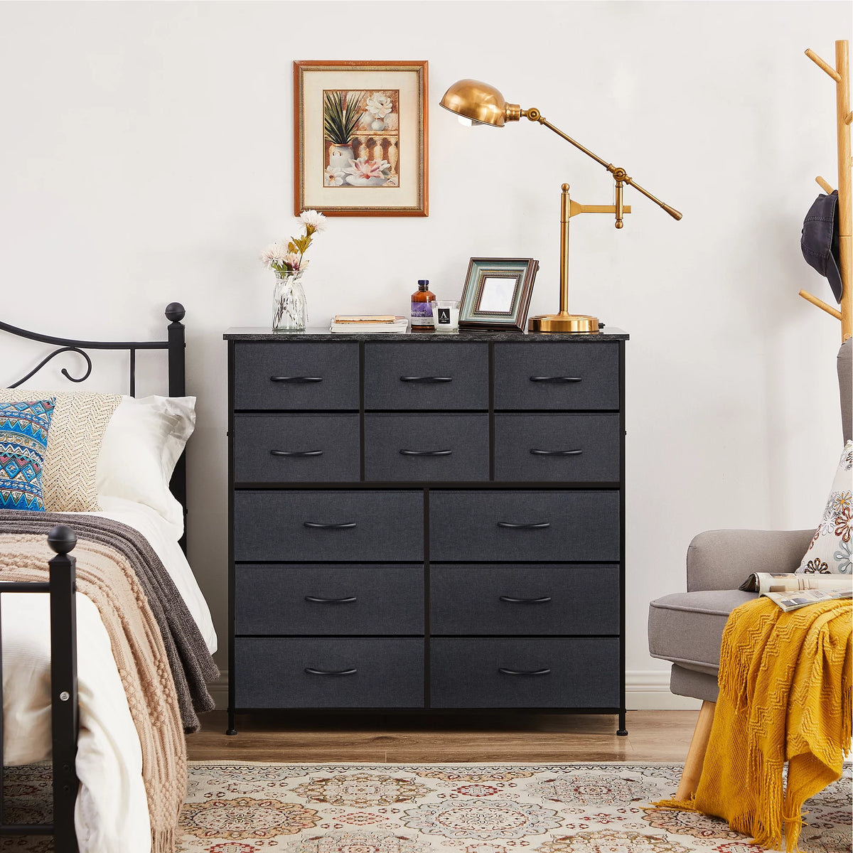 12 Drawer Black Grey Wood Fabric Dresser A49398