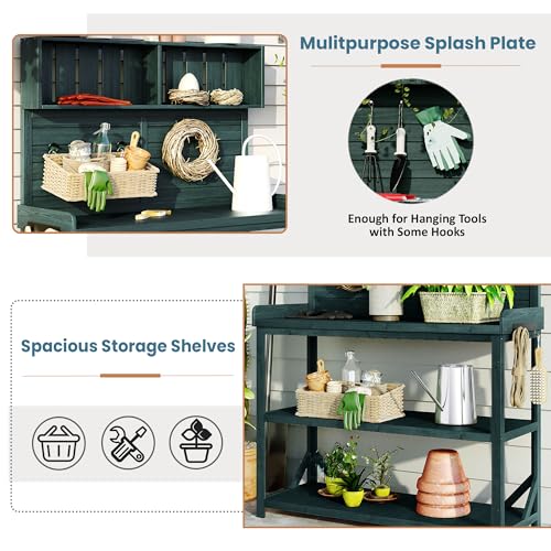 Green Wooden Potting Bench Table with Storage Shelves H14465