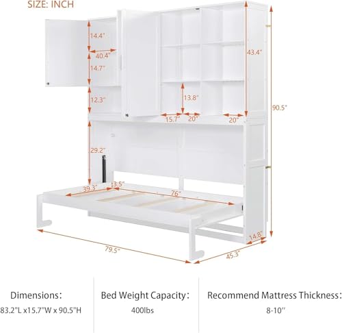 Twin Murphy Bed with Storage Cabinet and Shelves T664