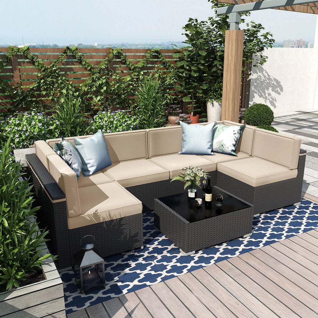 7 Piece Wicker Patio Furniture Set with Cushion and Glass Table E46599