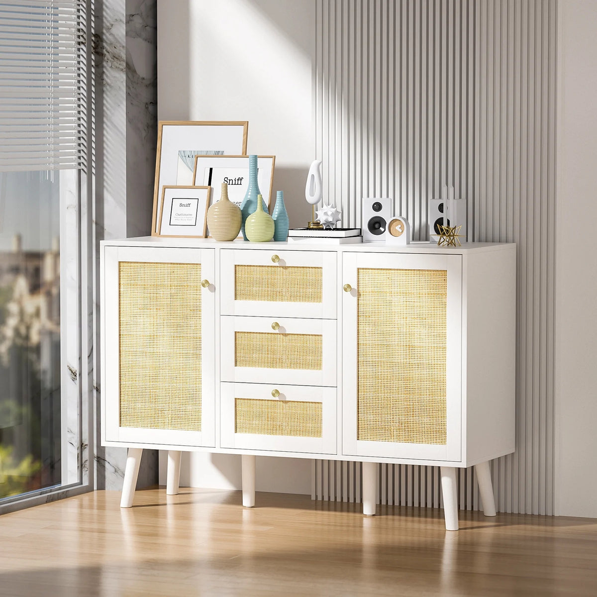White Rattan Storage Cabinet with 2 Doors 3 Drawers F1500