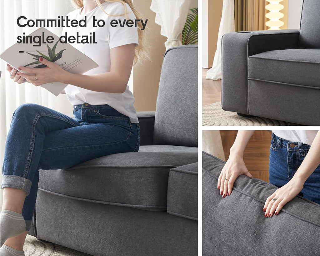 Grey Chenille Sofa with USB Charging Ports & Cup Holders X1791