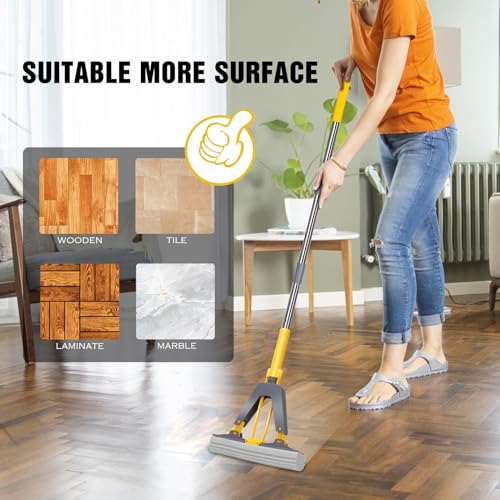 Self-Squeeze Sponge Mop with Stainless Steel Handle and 3 PVA Refills O444