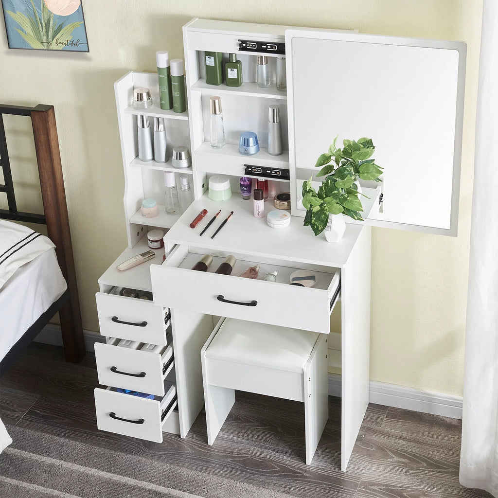 4 Drawer Makeup Vanity Desk with Stool Mirror and Light L39330