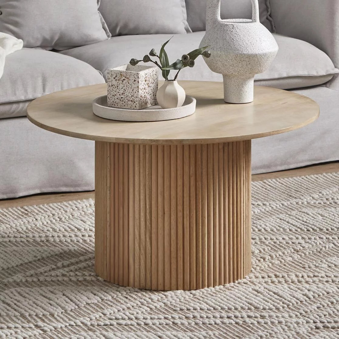 Round Wood Coffee Table with Pedestal End Table Natural 35.5" N4942