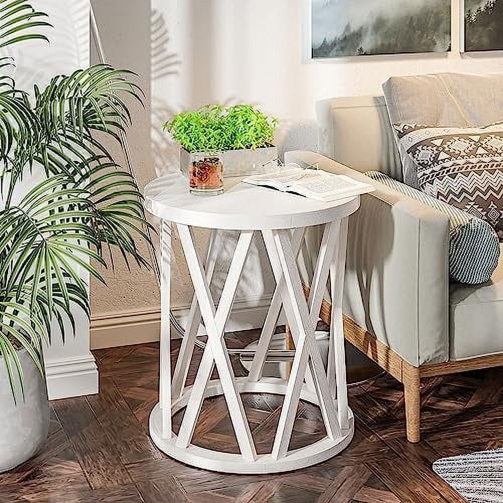 Antique White Round Wood End Table C7391