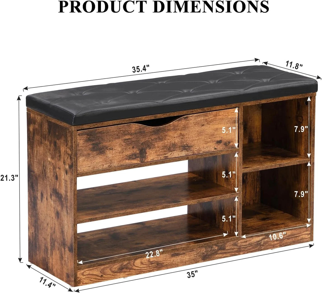 Rustic Brown Shoe Bench with Drawer and Cushion S546