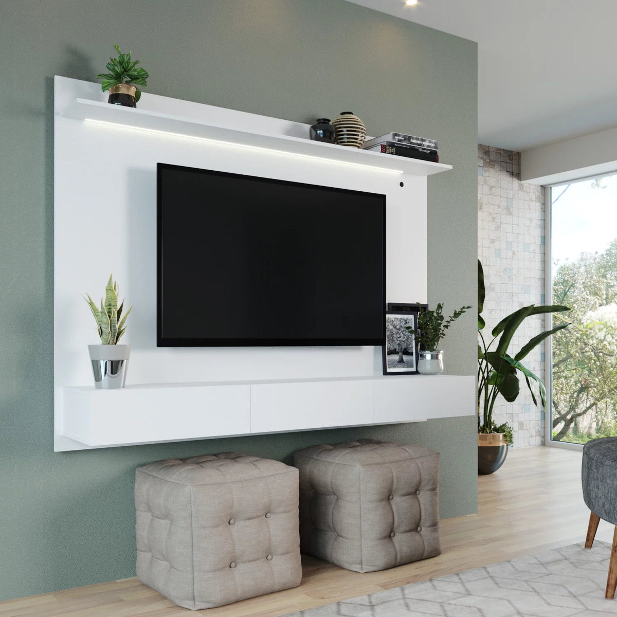 White Floating Entertainment Center with LED Strip, Drawers and Shelf L591