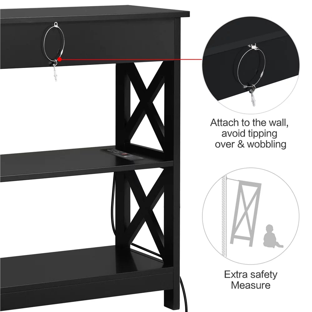 Black Wooden Console Table with Power Outlet & Drawer H42907