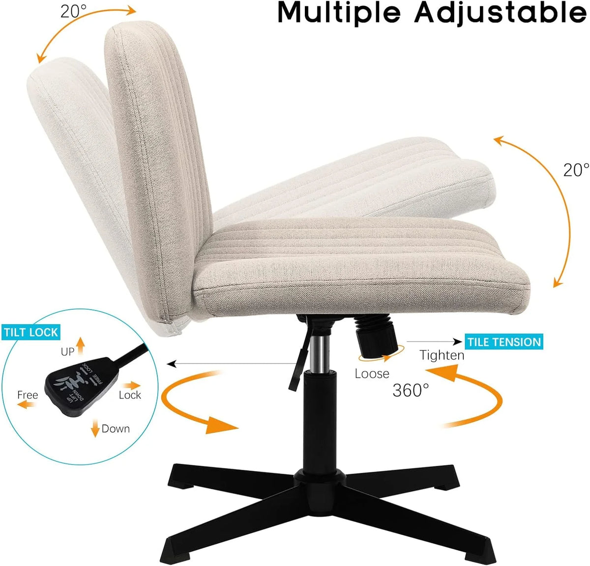Armless Cross Legged Fabric Padded Swivel Height Adjustable Office Desk Chair C956